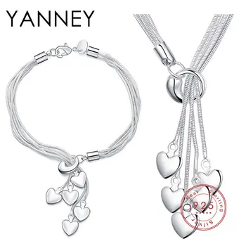 YANNEY 925 Sterling Silver Sweet Heart Bracelet Necklace Set For Women Fashion Charm Wedding Engagement Jewelry Set 1