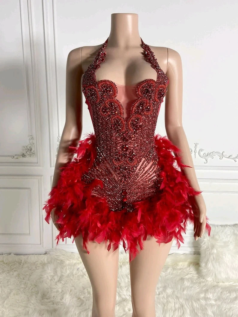 Red Sexy Halter Feather African Cocktail Dresses Beaded Birthday Party Gowns Short Black Girl Prom Dresses Homecoming Customized