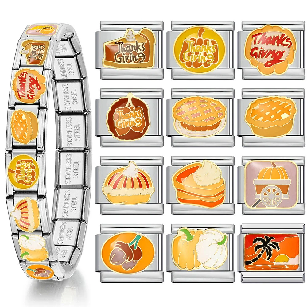 9 mm modisches italienisches Charm-Armband aus Edelstahl, elastische Gliederkette, niedliche orangefarbene Serie, Kürbiskuchen, Kuchen, Kastanie, DIY-Herstellung – Detail 2