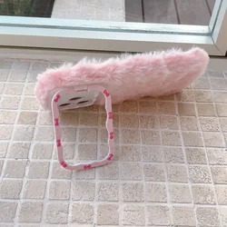Cozy Autumn Winter Plush Phone Case with Holder - Furry Fluffy Shockproof Cover - iPhone 15 Plus (Pink)