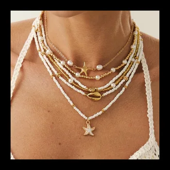 Bohemian Dripping Oil Little Starfish Pendant Necklace, Simple Rice Bead Beaded Woman