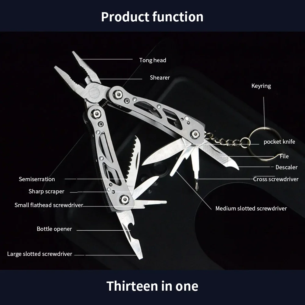 Description Picture 2 of item12 in 1 Multi-functional Pliers Small Tool Stainless Steel Folding Pliers Pocket Mini Outdoor Camping Pliers Multitool Keychain
