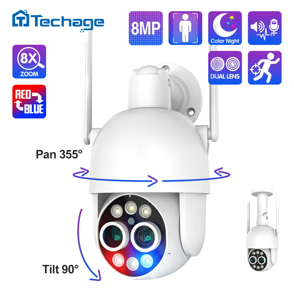 Techage 8MP 8X Zoom PTZ Wireless IP Camera Dual Lens 2.8mm 12mm Human Detect Auto Tracking ONVIF WIFI Camera Full Color Night