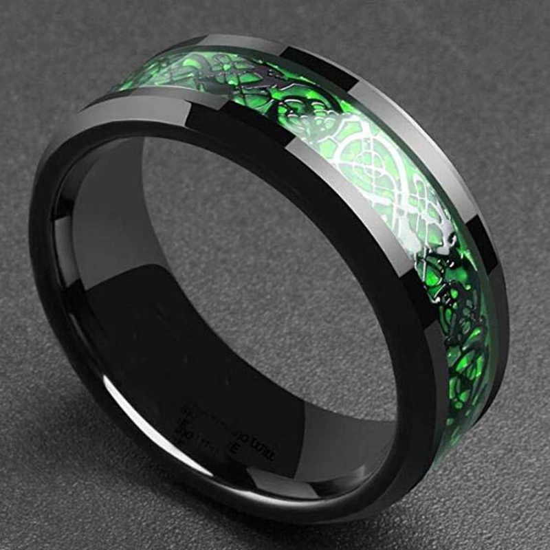 King Will Dragon Men's 8mm/6mm/5mm Red/Green Carbon Fiber Black Celtic Dragon Tungsten Carbide Ring Comfort Fit Wedding Band 