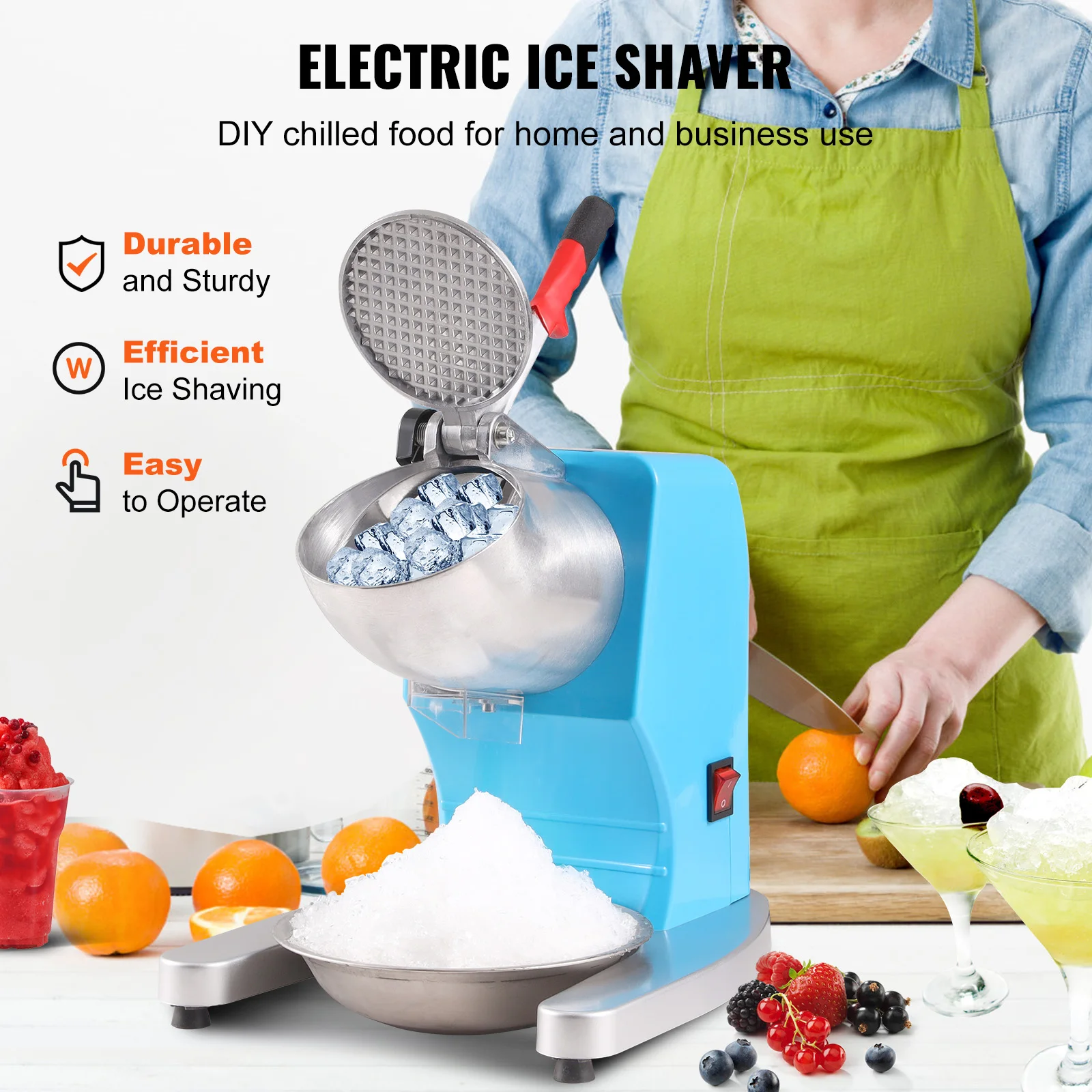 VEVOR Ice Crushers Machine Electric Snow Cone Maker 4 Blades Stainless Steel Shaved Ice Machine 300W Shaver
