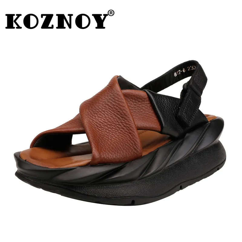 

Koznoy 5cm Comfy Natural Genuine Leather Hot Sale Hook Slipper Women Platform Wedge Comfy Fashion Ladies Summer Sandals Shoes