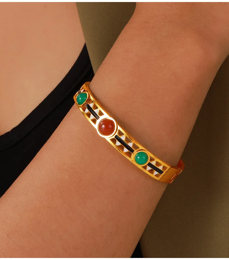 Retro ethnischen ausgehöhlten eingelegten Naturstein Titan Stahl Armband für Frauen Schnalle Armreif Emaille Schmuck Großhandel – Detail 5