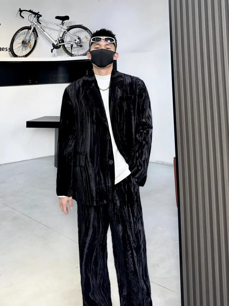 Spring Autumn Mens Velvet Suits Sets Loose Fit High Street Single Breasted Blazers Straight Pants Fashion Casual Two Piece Set