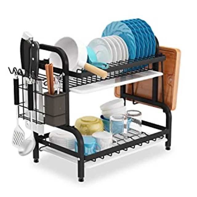 Dish Drying Rack for Kitchen Counter, Compact Dish Drainer with Drainboard,  Utensil Holder and Cup Rack, Black - AliExpress