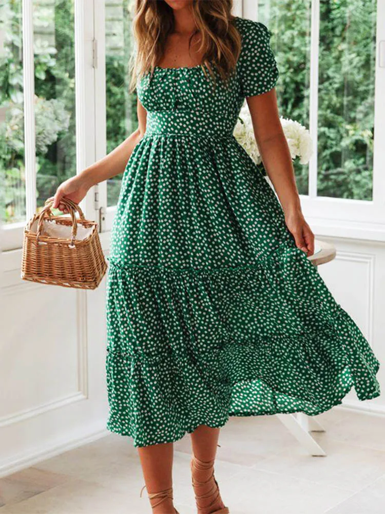 Vestidos 빈티지 프린트 퍼프 슬리브, 스퀘어 칼라 플로럴 맥시 롱 원피스, 여름 해변 스위트 드레스, 2024 페스타