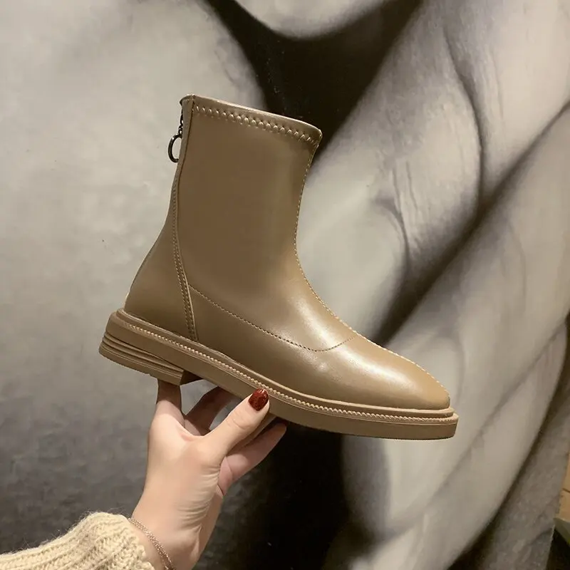 Women Black Low Heels Ankle Boots 2022 Winter Female Retro Round Toe Back Zipper Chelsea Boots High Quality Short Boots