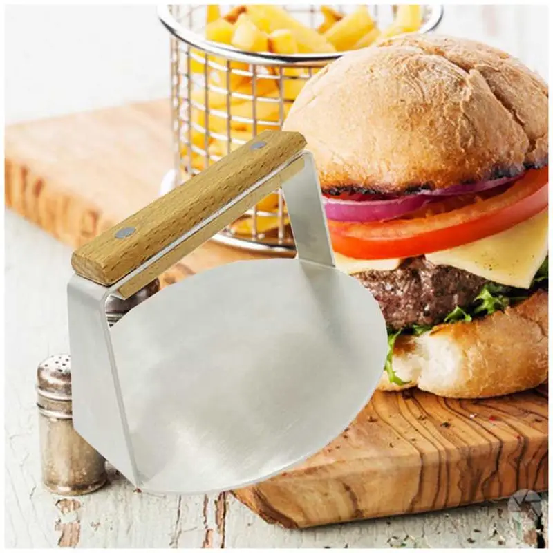 Griddle Burger Press Stainless Steel Grill Press With Wooden Handle Round Smashed Burger Hamburger Smasher Tool For Flat