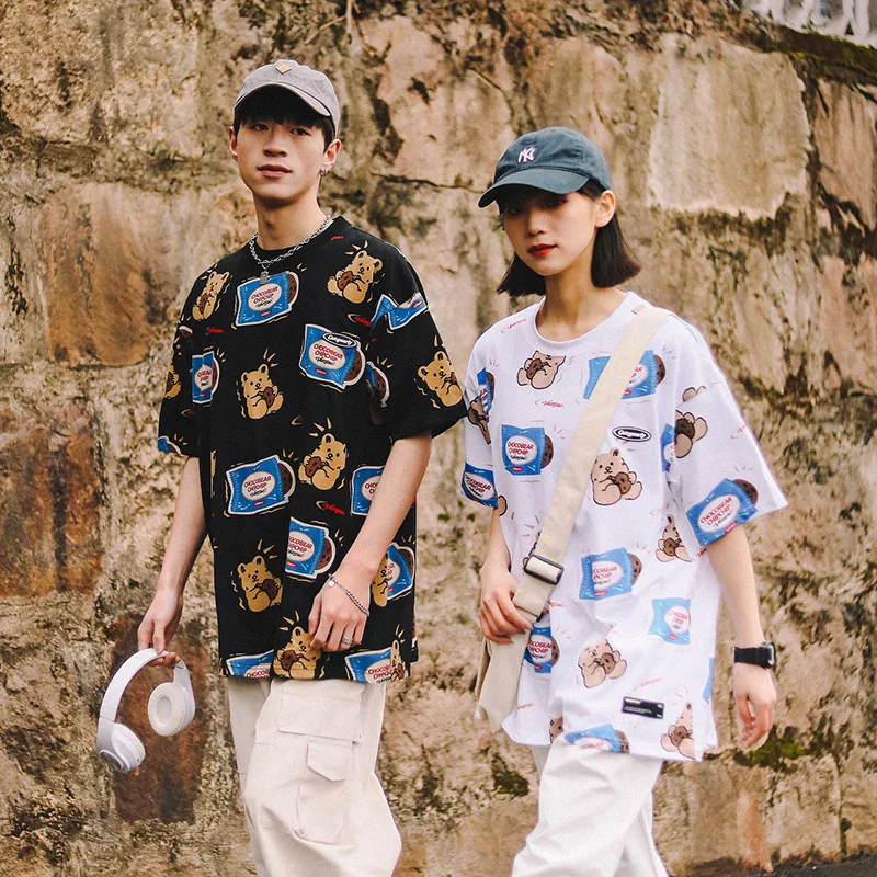 

Новая уличная одежда CnHnOH, летние топы для пар, футболка с рисунком медведя из мультфильма, модная футболка оверсайз с коротким рукавом и кор...