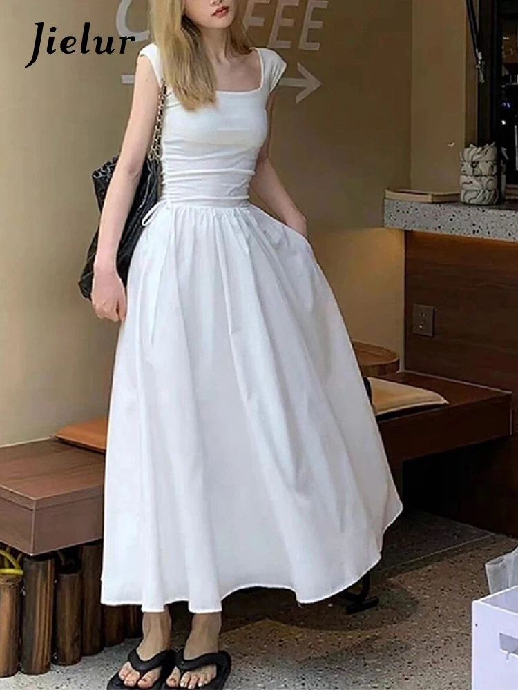 

Jielur White Square Neck Elegant Chiffon Women's Dresses French Style Pure Color Ruffles Dress Summer Sleeveless Simple Dresses