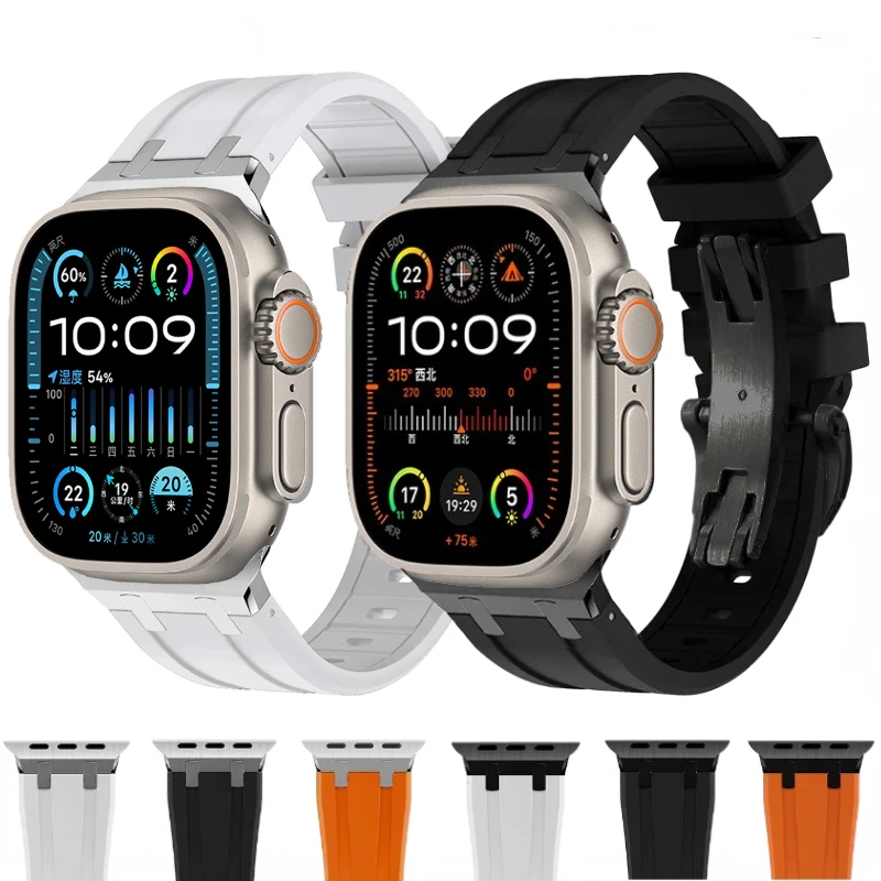 Liquid Silicone Strap for Apple Watch Ultra2 49mm 9 8 7 45mm 41mm Metal Butterfly Buckle Wristband 6 5 4 SE2 44mm 40mm Bracelet