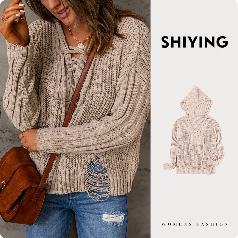 

Hooded pullover ripped knit base top for women