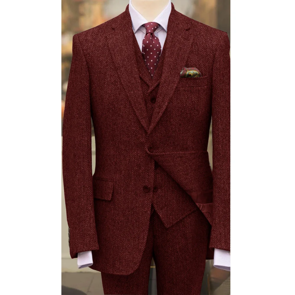 Men Suits Elegant Men\'s Full Suit Three Piece Herringbone Fabric Casual Fashion Groomsmen Grooms Dress Custom Man Suit Trousers