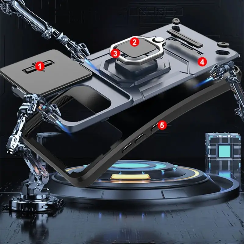 Slide Lens Armor Phone Case with Magnetic Holder - Durable Back Cover