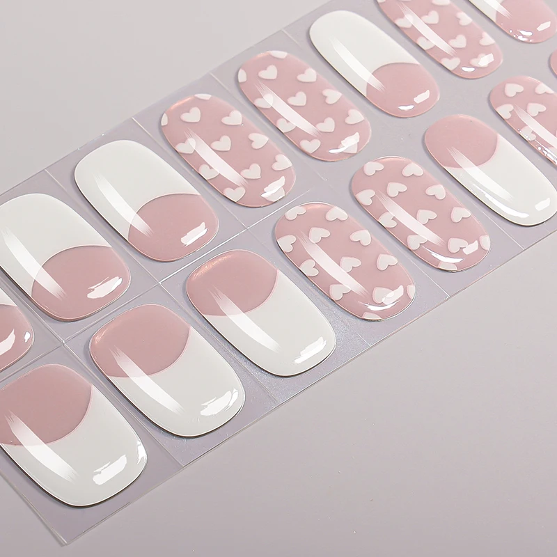 16팁 여름 체리 하트 세미 큐어드 젤 네일 스트립 프렌치 그라데이션 셀프 접착 젤 네일 랩 풀 커버 UV 네일 스티커
