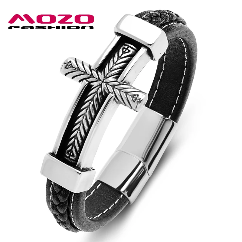 MOZO FASHION 2023 Trendy Men Genuine Leather Charm Bracelet Cross Stainless Steel Hip Hop High Quality Women Jewelry Gifts