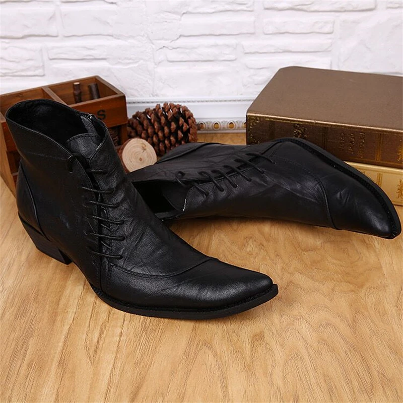 Men's pointed leather boots with a height of 6cm and a thick heel. Casual cowhide boots with side straps are trendy