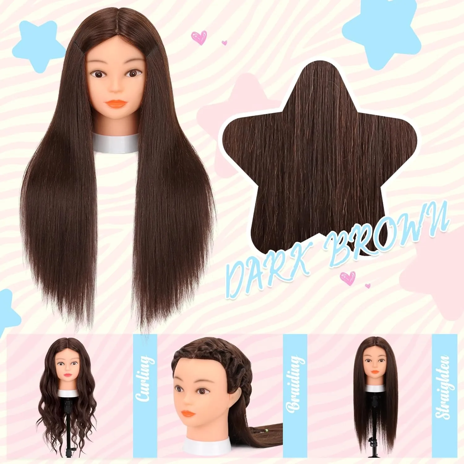 Premium Mannequin Head With Long Straight Hair 80% Human Hair Manikin Practice Head With Clamp Stand and Tools For Hairdresser