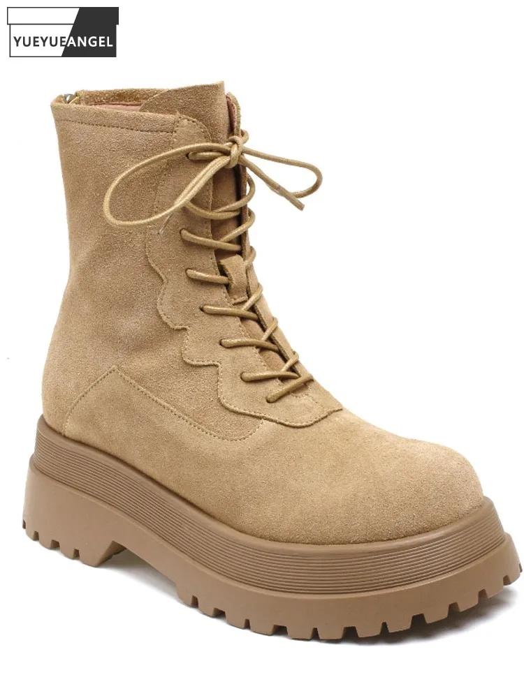 

Ботильоны женские с высоким берцем, замша из воловьей кожи, на шнуровке, на толстой платформе, мотоциклетные ботинки с флисовой подкладкой, модная обувь на осень