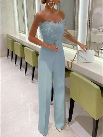 Jumpsuit Women Elegant Long Jumpsuit Strapless Slash Neck Feather