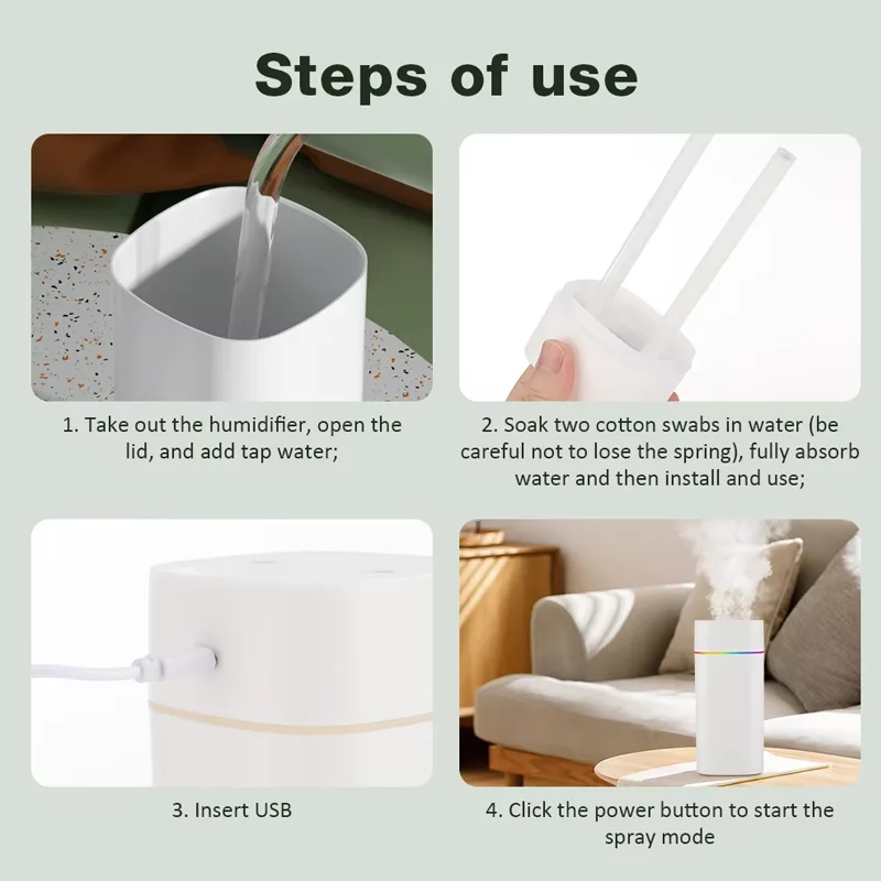 600ml Wireless USB Mini Aroma Humidifier with Dual Nozzle and Silent Cool Mist, featuring Water Shortage Protection