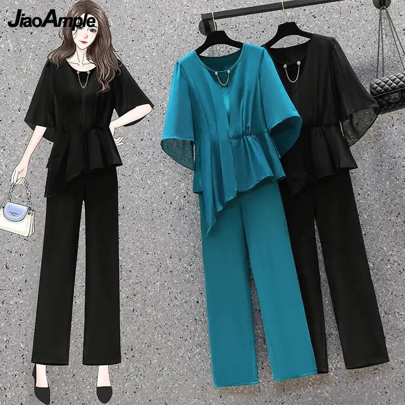 Women Summer Fashion Two Piece Pants Set 2022 Office Lady Graceful Loose Chiffon Top+Straight Trousers Suit Elegant Black Outfit