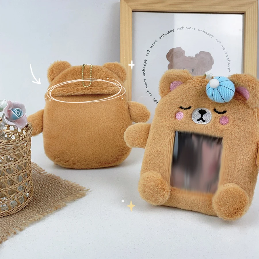 1pcs Cute Plush Kpop Photocard Holder, Cartoon Bear Photo Sleeve ID Bank Credit Card Holder Protector 2