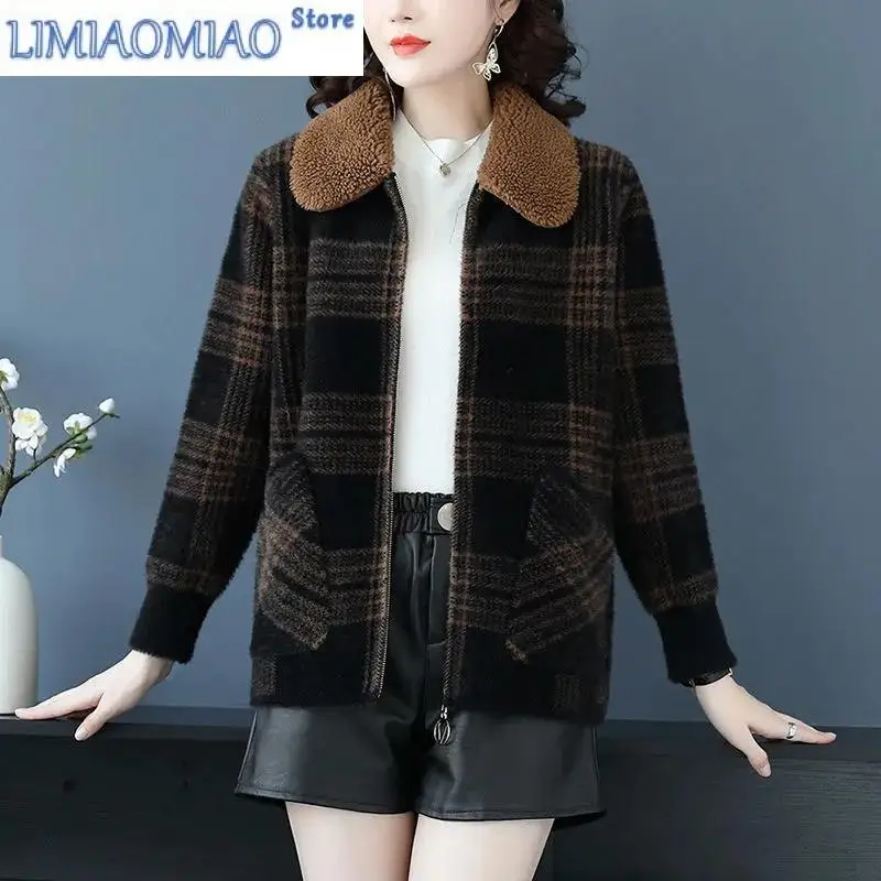 New Autumn Winter Short Thick Mother Coat Plaid Fur Collar Jacket Imitation Mink Fleece Middle Old Age Women's Flip Collar Coat