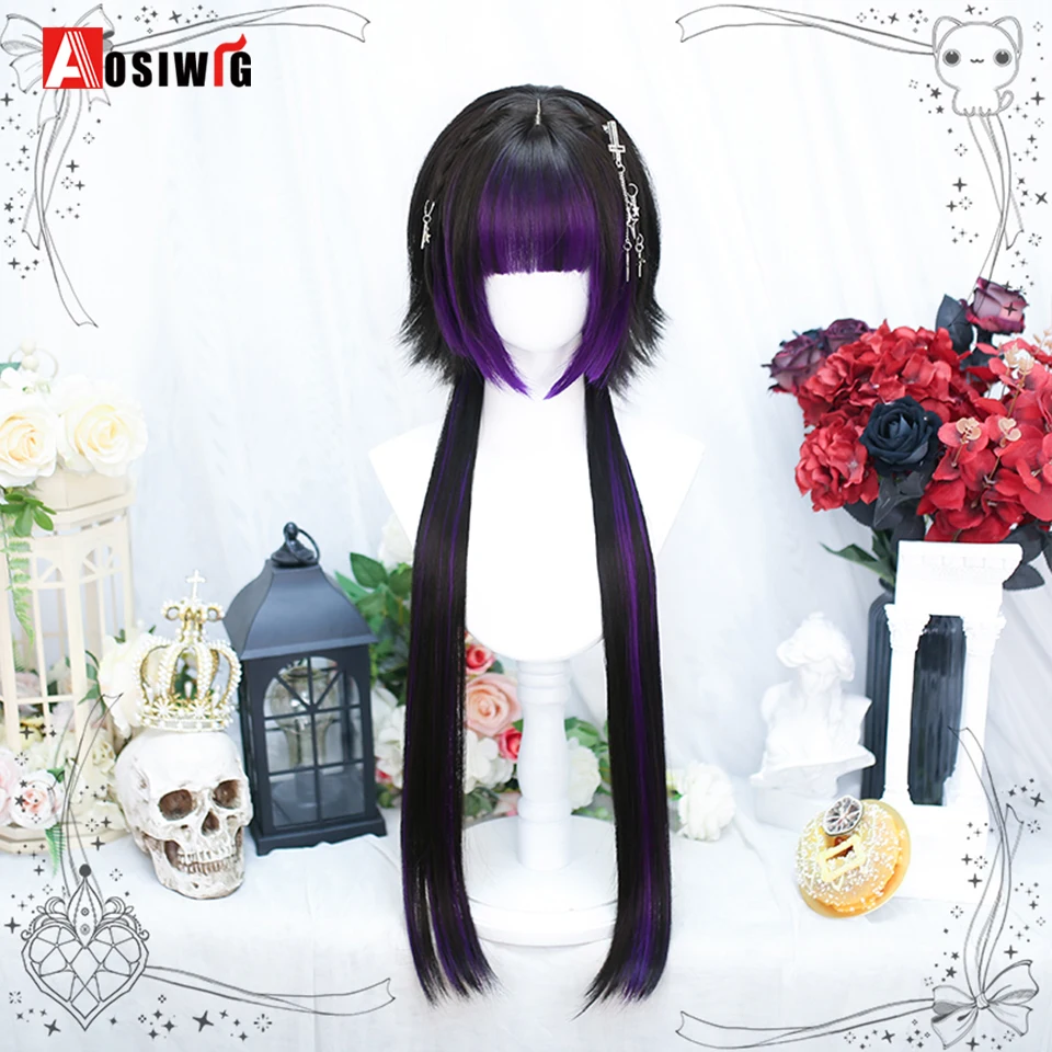 Ombre Black Red Long Straight Synthetic Wig With Braid Women Cosplay Lolita Wigs With Bangs Hair For Daily Party