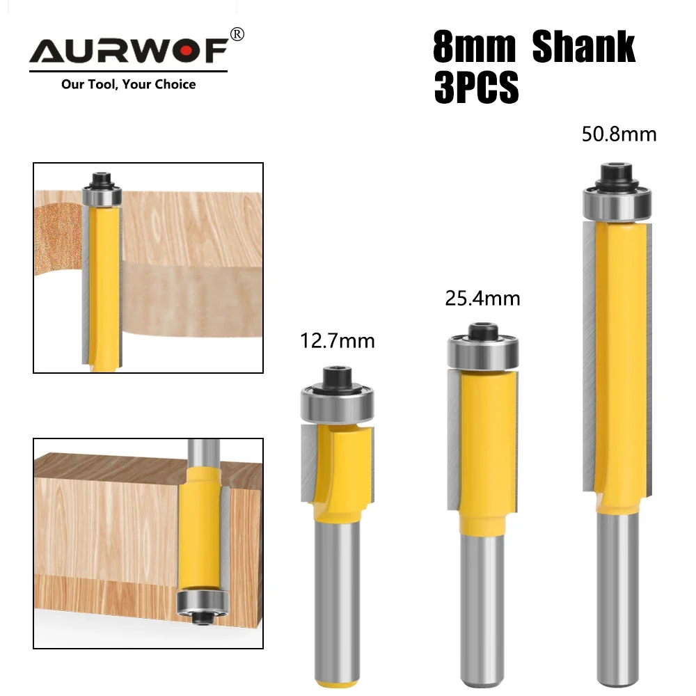 

AURWOF 8mm Shank Long Blade Flush Trim Router Bit With Bearing for Wood Template Pattern Bit Tungsten Carbide Milling Cutter