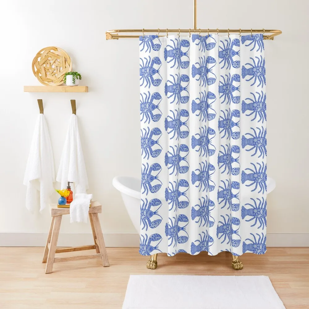 Lobster (blue and white, horizontal) Shower Curtain Shower Sets For Bathroom Anime Shower Waterproof Curtain