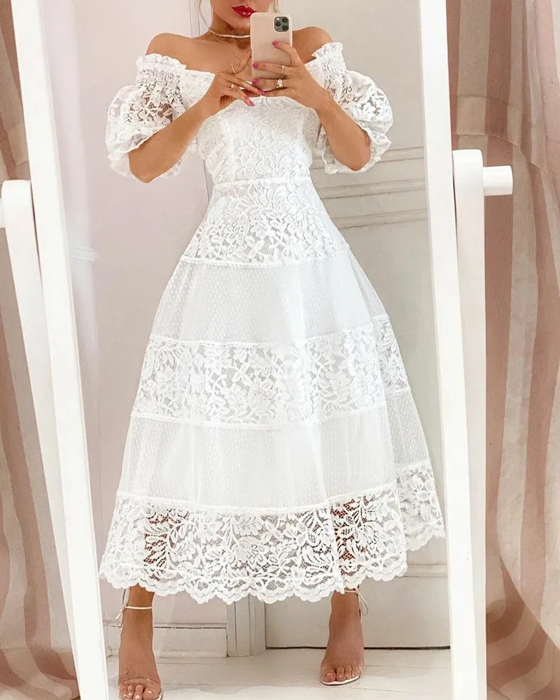 White Floral Print Contrast Striped Trim Notched Neck Long Sleeve Dress main image 1