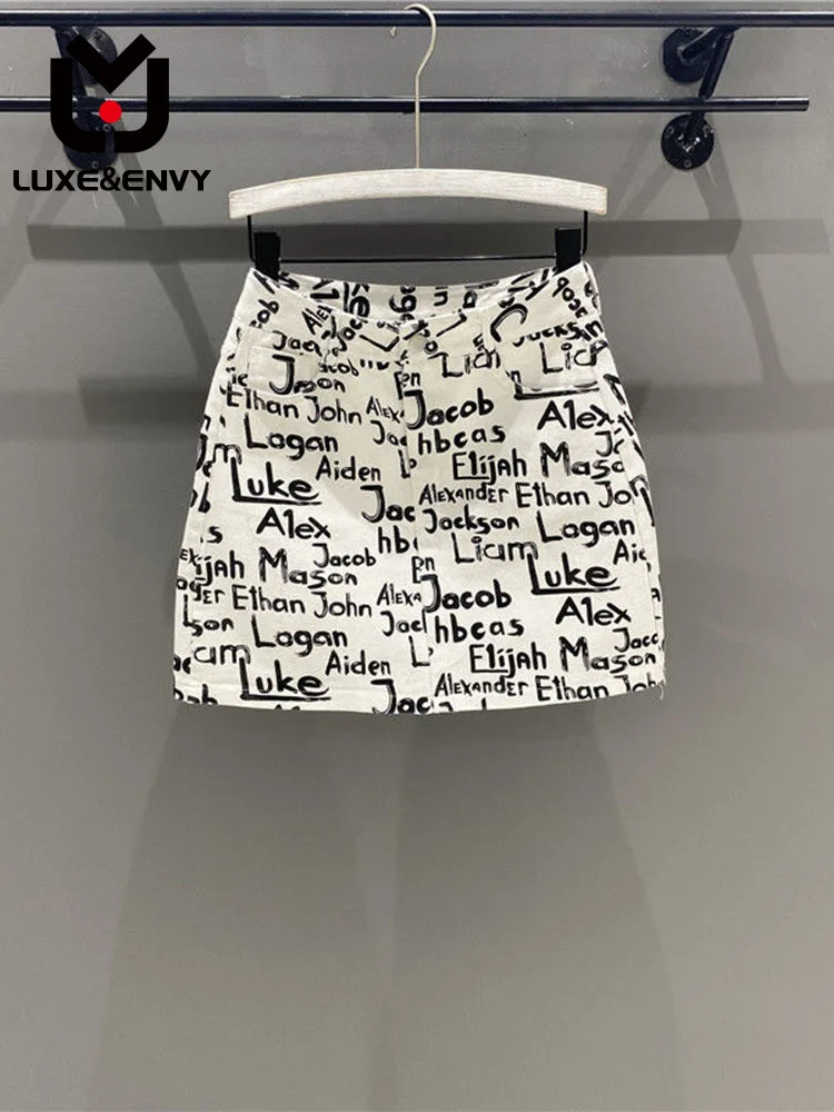 

LUXE&ENVY Letter High Waist Denim Skirt Women's 2023 Summer Fashion Print A-line Short Skirt Denim Skirt Hip Wrap Skirt
