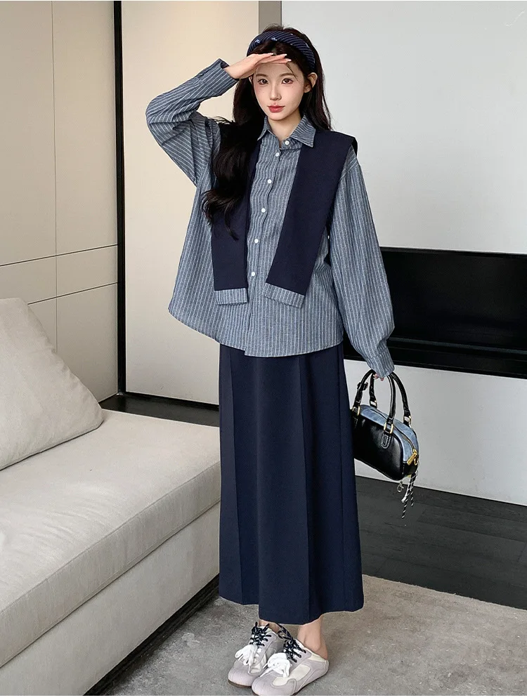 임산부 가을 긴팔 스트라이프 셔츠와 숄, 스커트 3피스 세트 루즈 캐주얼 패션 한국 스타일 레이지 바이브