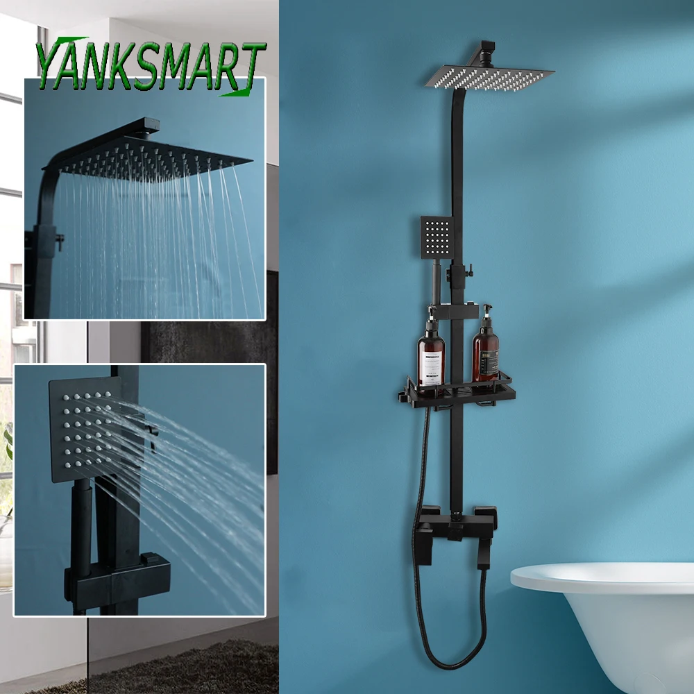 YANKSMART Matte Black Bathroom Shower System 8" Rainfall Wall Mounted Bathtub Storage Shelf Shower Faucets Mixer Water Tap Set