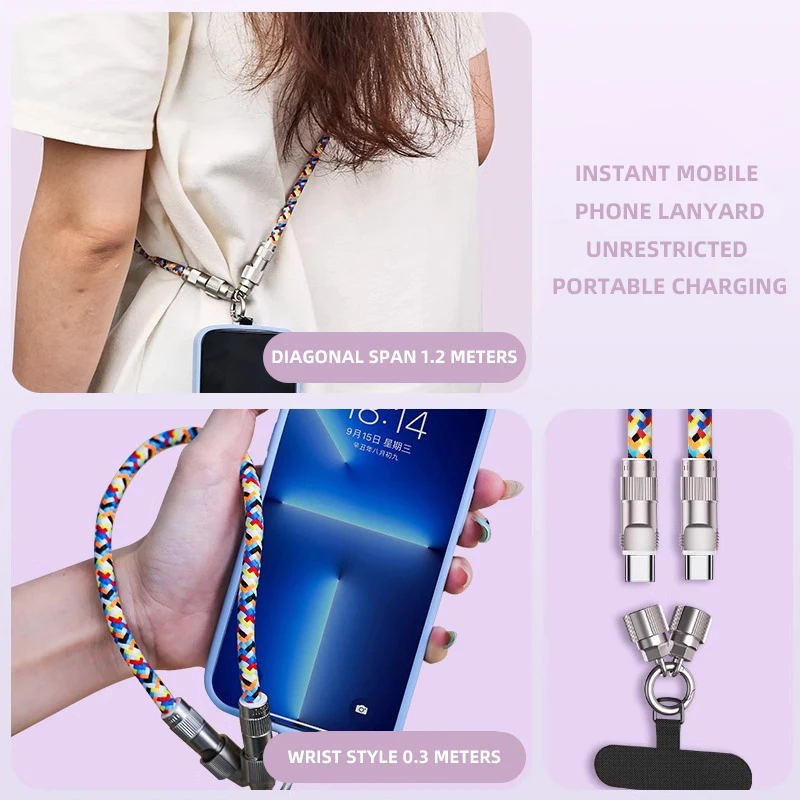 2-in-1 Dual Type C PD 60W Lanyard Data Cable Quick Charging Multifunction Mobile phone Portable Charger Cord For iPhone Samsung