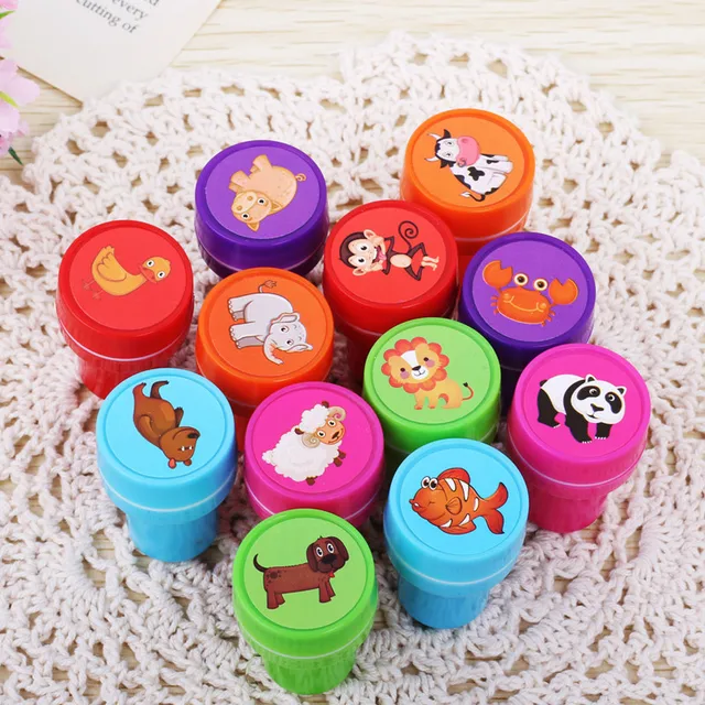 12pcs Children Toy Stamps Cartoon Animals Fruits Kid Seal For Scrapbook Photo Album Decor Stamper DIY Toys Kindergarten Supplies 2