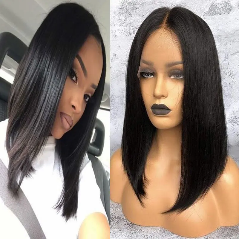 

Black Short Straight Synthetic Hair 13X4 Lace Front Wigs Bob Glueless Heat Resistant Fiber Hair Middle Parting For Black Women