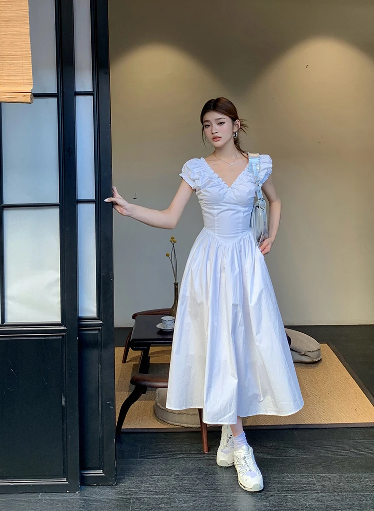 Casual Solid Midi Dresses for Women Korean Chic V-neck Backless High Waist Puff Sleeve A-line Party Dress Summer Vestidos Mujer
