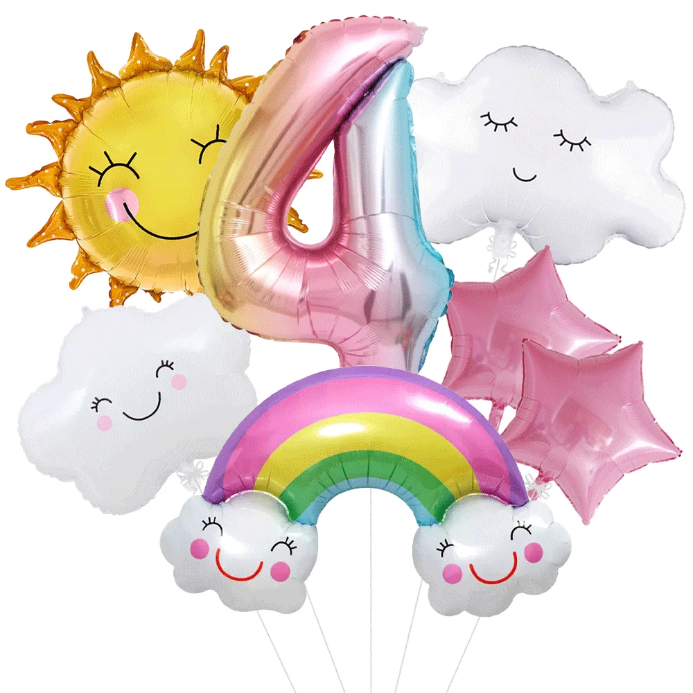 Sunshine Regenbogen-Geburtstagsballons-Set mit Sonnensterne, Wolken und 32 Zoll Zahlen, 1–9 Folienballon, Mädchen-Regenbogen-Partydekorationen – Detail 3