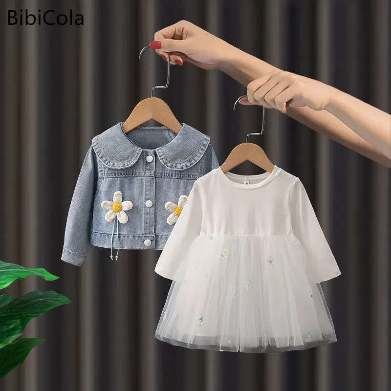 

Toddler Baby Girls Spring Autumn Clothes Suits Doll collar Princess Denim Jacket + Mesh Dress 2Pcs Kids Outfit Girl Clothing Set