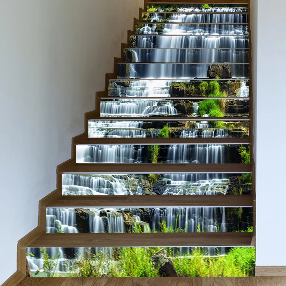 3D Self-Adhesive Stair Riser Decals Stickers Forest Waterfall Removable PVC Staircase Stickers Mural Stairway Wallpaper Sticker Decoration