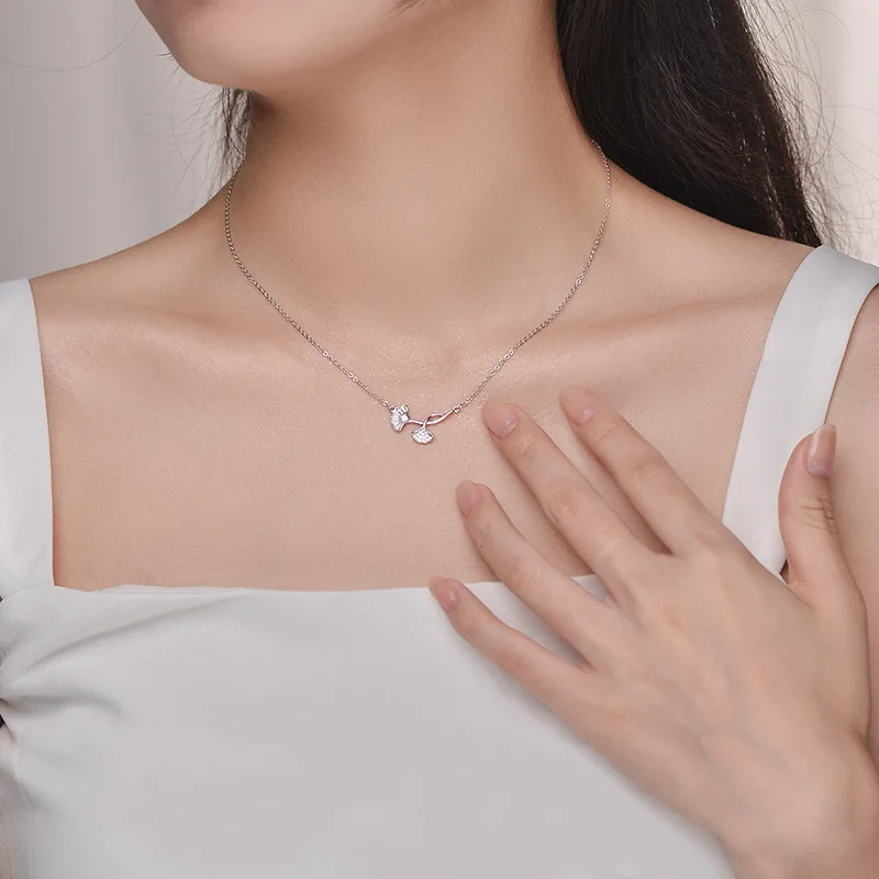100% 925 Sterling Silver Zircon Plant Necklace for Women Girl Ginkgo Leaf Fine Chain Design Jewelry Birthday Gift Dropshipping