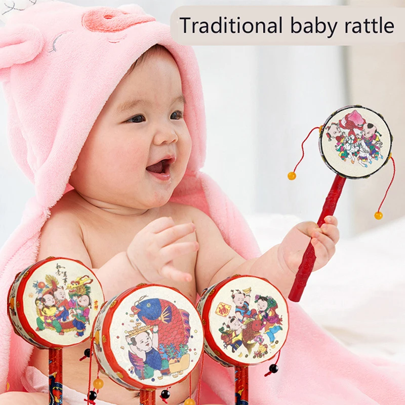 

1Pc Chinese Tambourine Hand Drum Toy for Infant Baby Classic Spinning Rattle Drum Hand BellHand Drum Toy Musical Instruments Toy