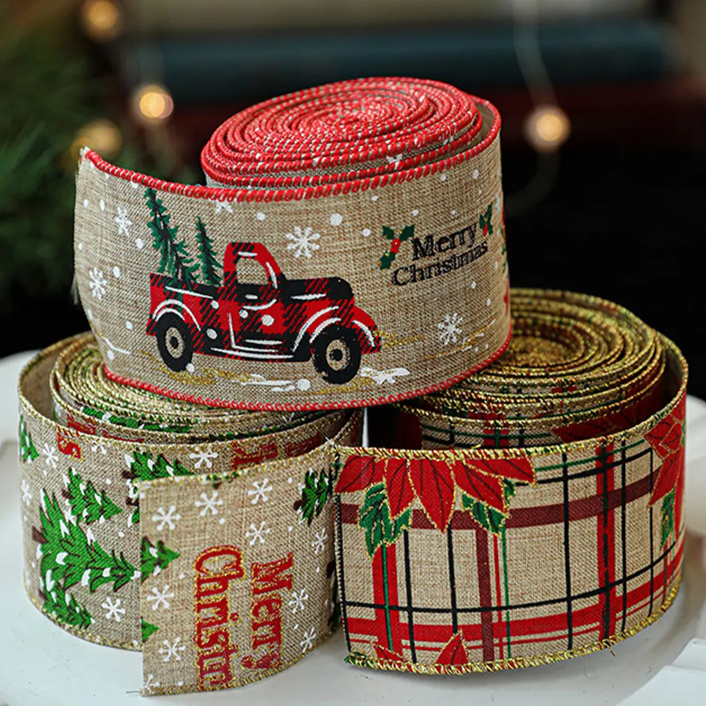 Christmas ribbon Ribbon decoration Ribbon supplies Craft ribbon Imitation hemp ribbon Wire edge Linen Christmas decoration Red and green Snowflake plaid 2M/Roll
