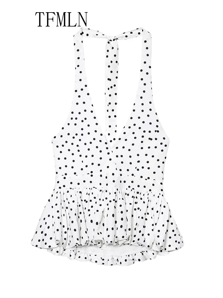 TFMLN 2025 Women Polka Dot Printed Halter Tops Summer Causal Commuting Camisole Tops Fashion Sleeveless Backless Vest ﻿Tops